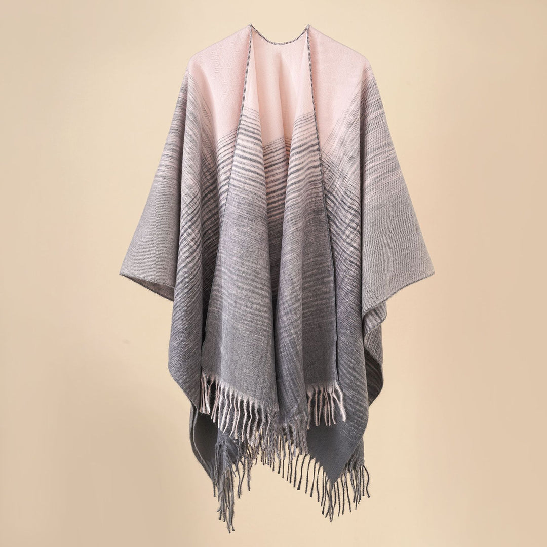 Damen Fransen‑Cape aus Wollmix mit offenem Fall und reversiblem Jacquard Drune