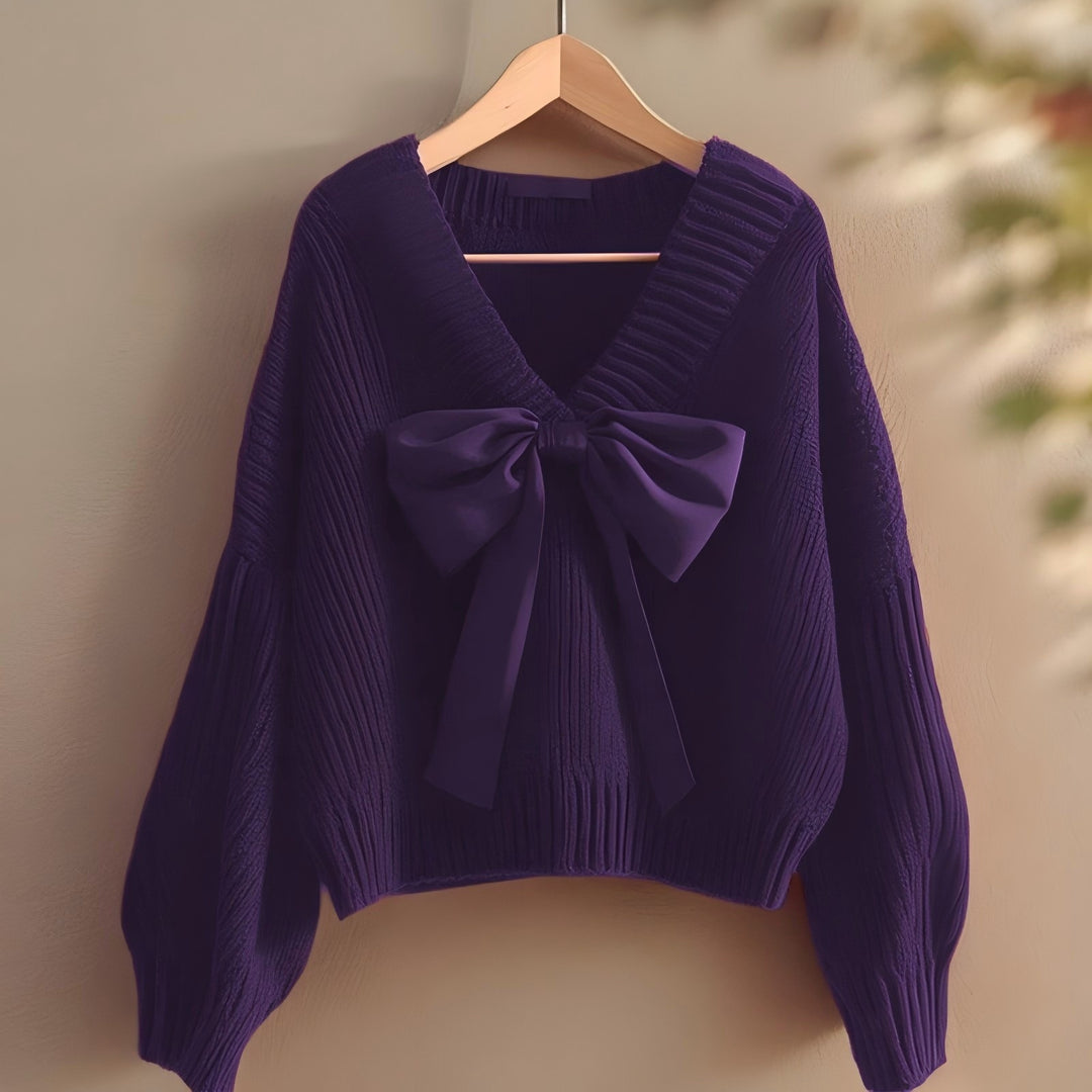 Damen Strickpullover mit V-Ausschnitt und dekorativem Schleifenakzent Drune