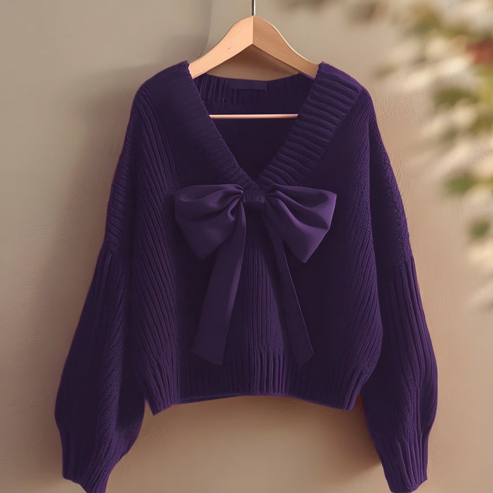 Damen Strickpullover mit V-Ausschnitt und dekorativem Schleifenakzent Drune