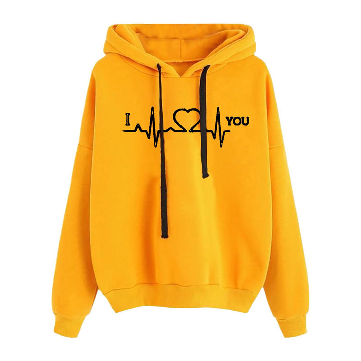 Damen nan leichter Oversize Kapuzenpullover mit Herz‑EKG‑Motiv, langen Kordeln und elastischem Bund Drune
