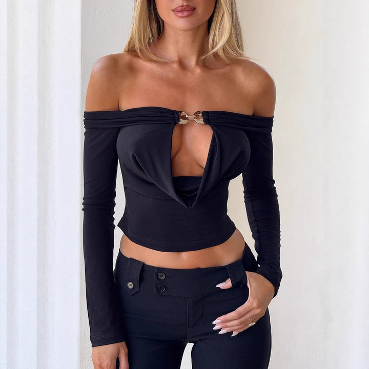 Damen Off-Shoulder Bluse mit dekorativem Ausschnitt und langen Ärmeln Drune