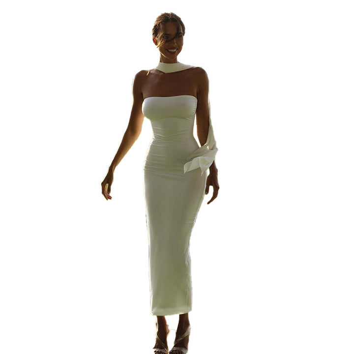 Damen elegantes, schulterfreies Maxikleid mit subtilen Rüschendetails und langen Ärmeln Drune