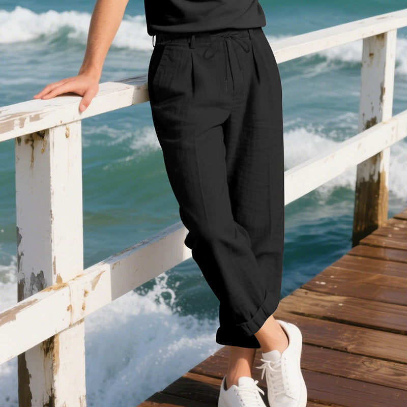 Herren lockere Sommerhose aus leichtem, atmungsaktiven Stoff mit Kordelzug Drune