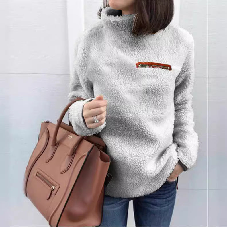 Damen nan kuscheliger Teddy-Fleecepullover mit Stehkragen und Brustreißverschluss Drune