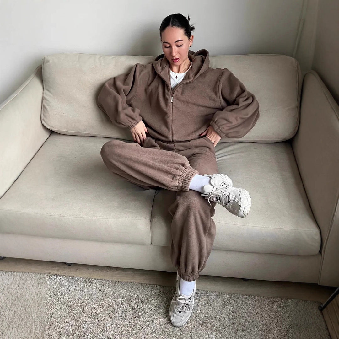 Damen Fleece-Anzug mit praktischen Taschen und Kapuze Drune