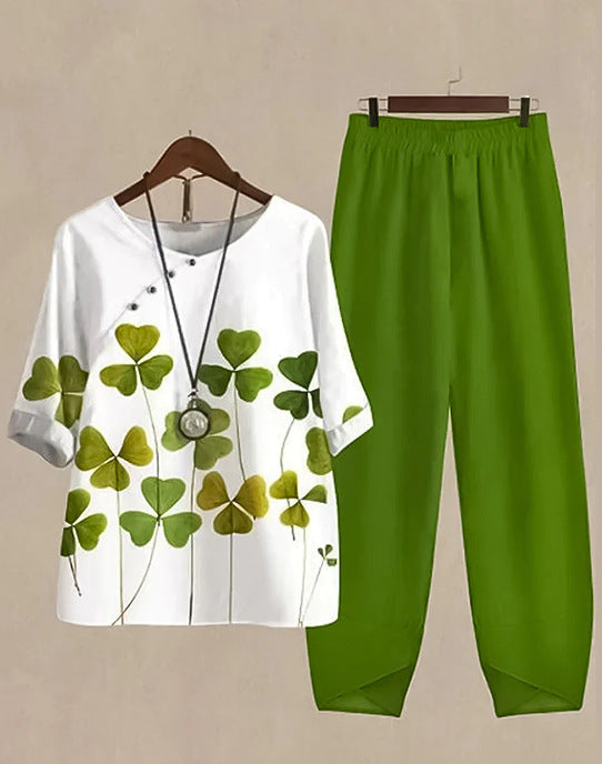 Damen nan zweiteiliges Casual-Ensemble mit Kleeblattprint-Tunika und elastischer Komfortbund-Hose Drune