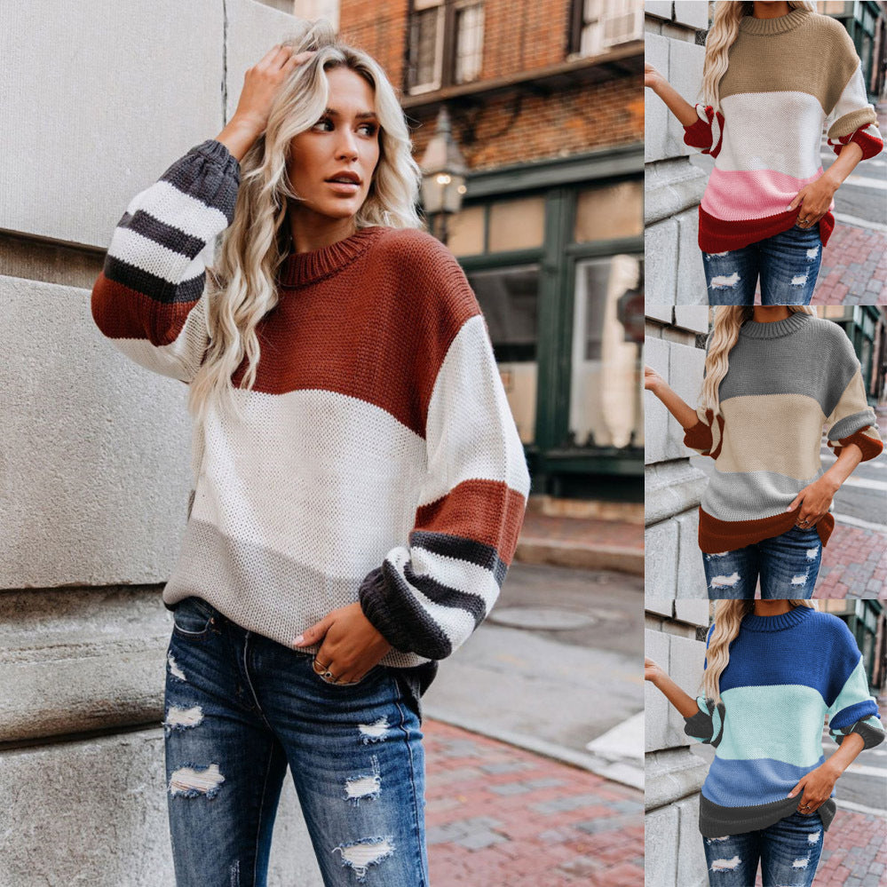 Damen Grobstrick Farbblockpullover mit hohem Rippenkragen und Oversize‑Passform Drune