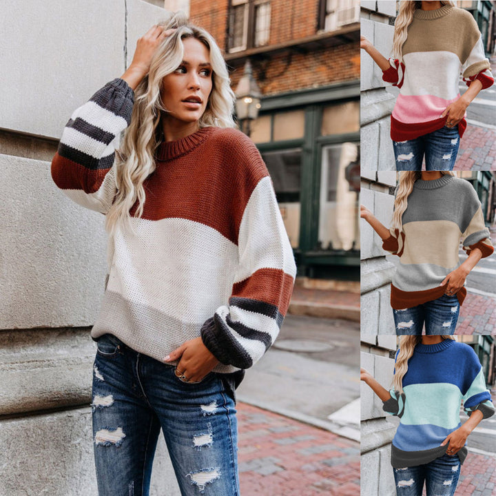 Damen Grobstrick Farbblockpullover mit hohem Rippenkragen und Oversize‑Passform Drune