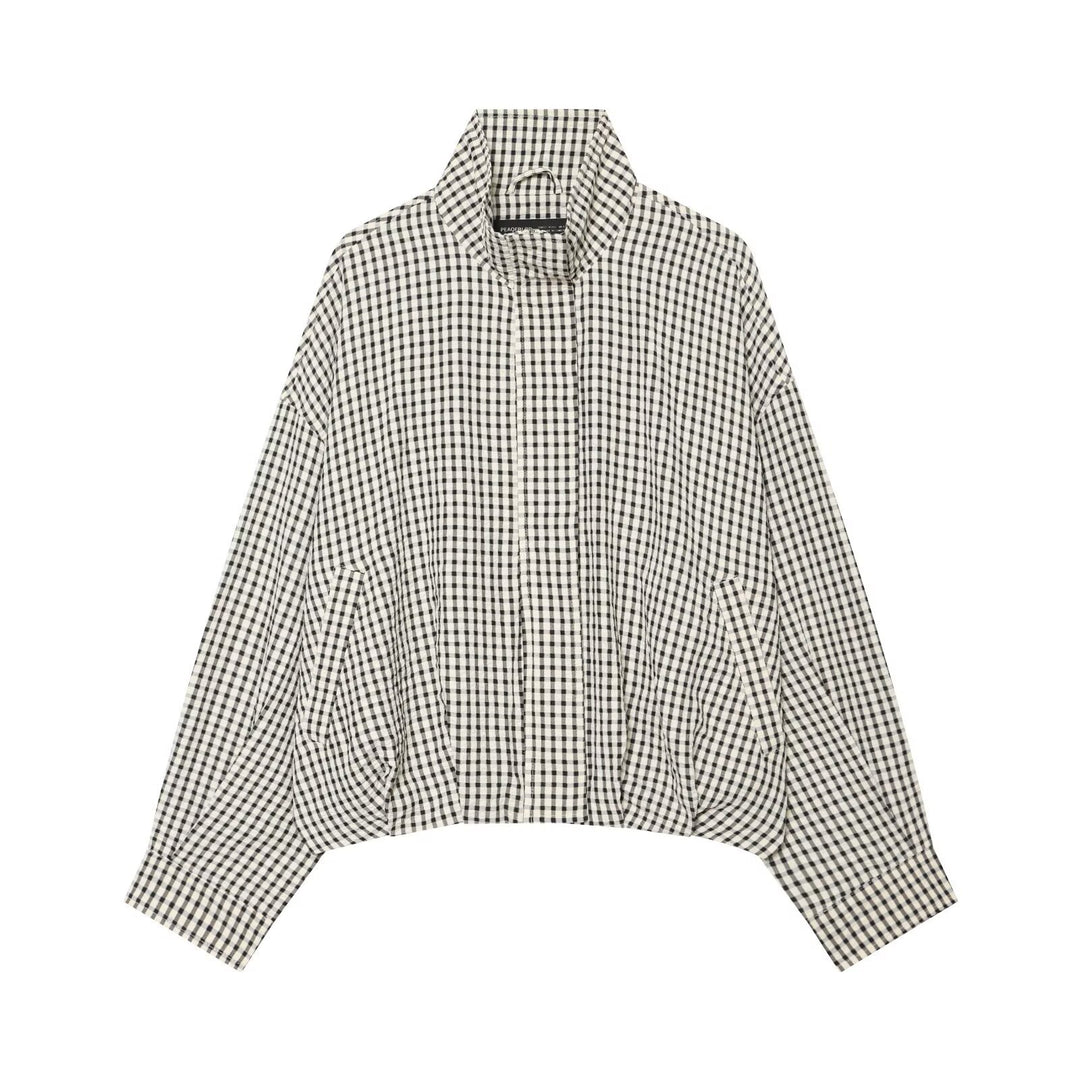 Damen Oversized Karo‑Jacke mit Stehkragen und gerafftem Saum Drune