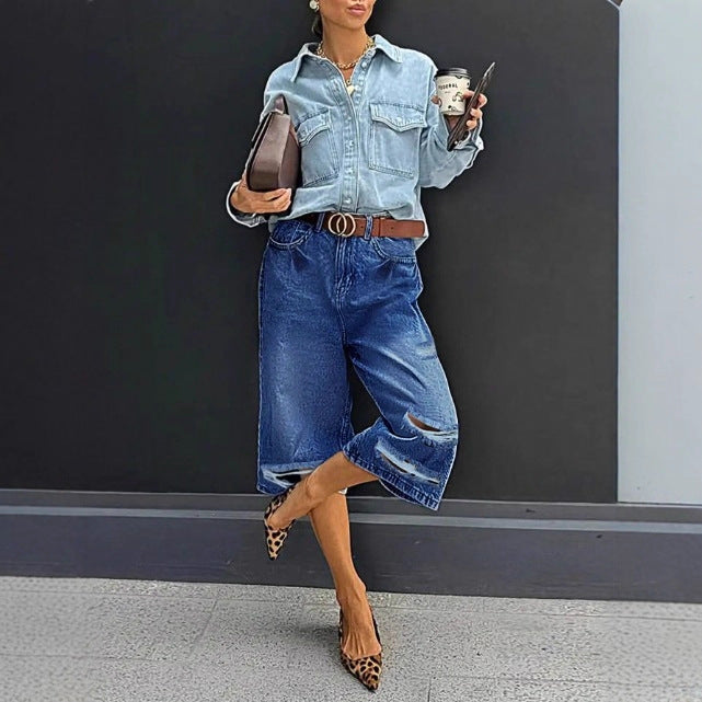 Damen Hochtaillierte Denim-Culotte mit Destroyed-Einsätzen und rohem Saum Drune