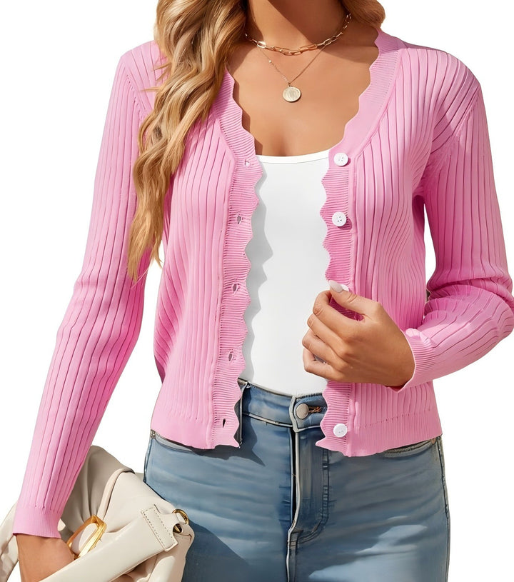 Damen Feiner Rippstrick Cropped-Cardigan mit Wellensaum und dekorativer Knopfleiste Drune