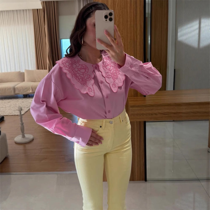Damen Bluse mit übergroßem besticktem Spitzenkragen, Ballonärmeln & kastiger Silhouette Drune