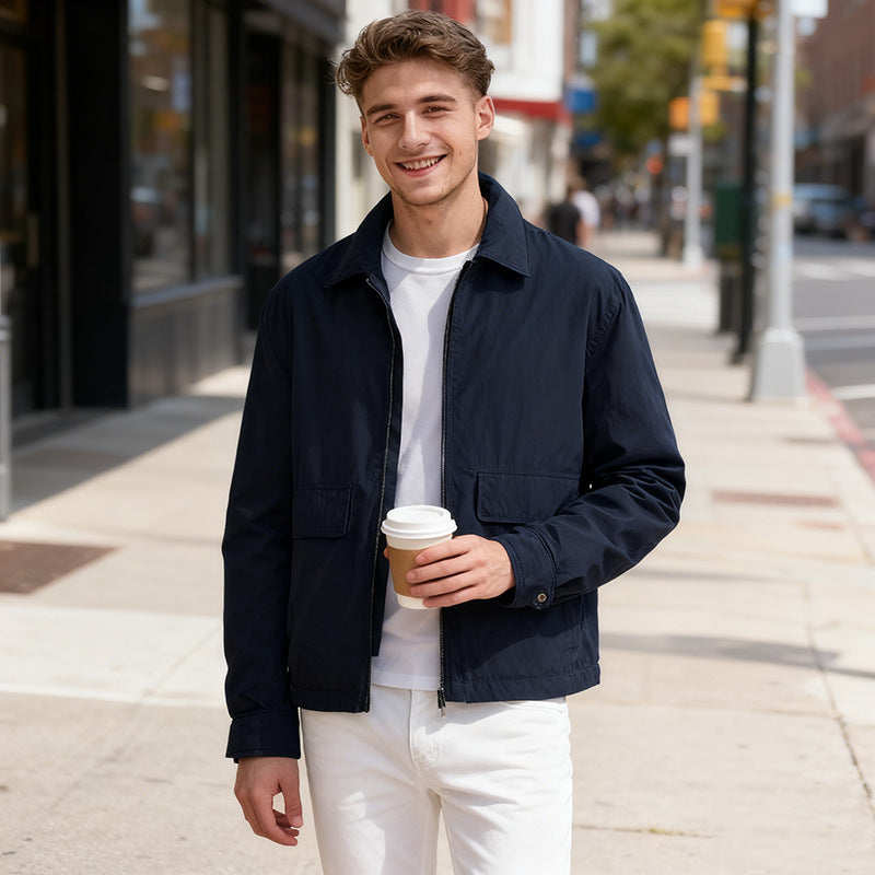 Herren Leichte Zip‑Jacke im Harrington‑Stil mit Pattentaschen Drune