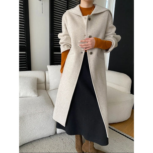 Damen eleganter Langmantel mit großer Kapuze und Knopfdetails Drune