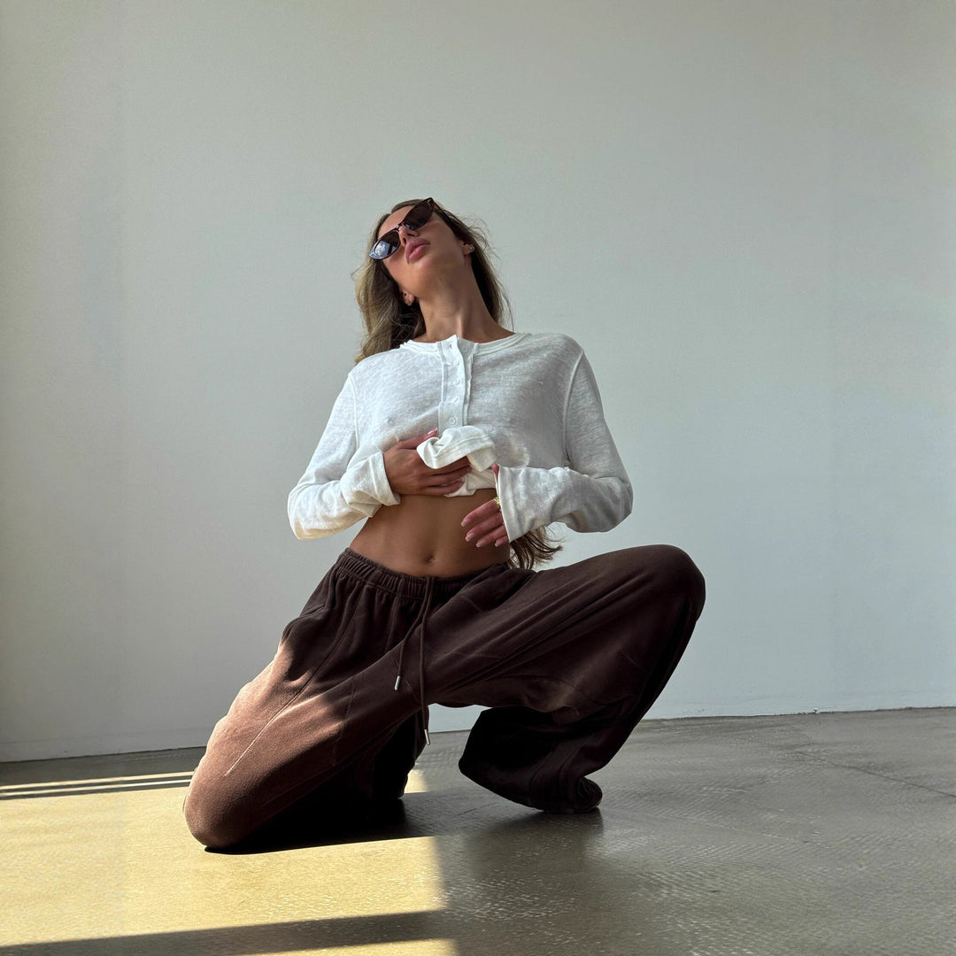 Damen weite Velours-Hose mit elastischem Bund und praktischen Seitentaschen Drune