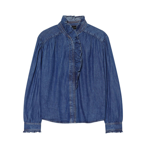 Damen Denimbluse mit Rüschenstehkragen, Ballonärmeln und geraffter Schulter Drune