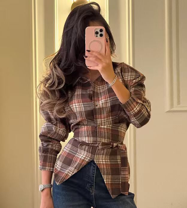 Damen Karo-Bluse mit Puffärmeln und taillierendem Bindegürtel Drune