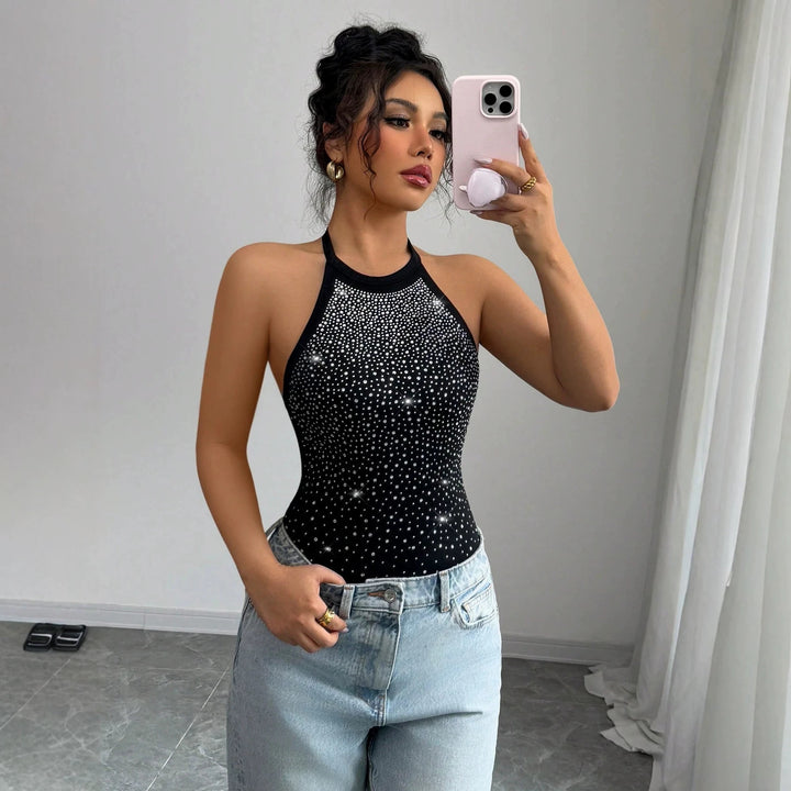 Damen nan Neckholder-Body mit Hochkragen und funkelndem Strassverlauf Drune