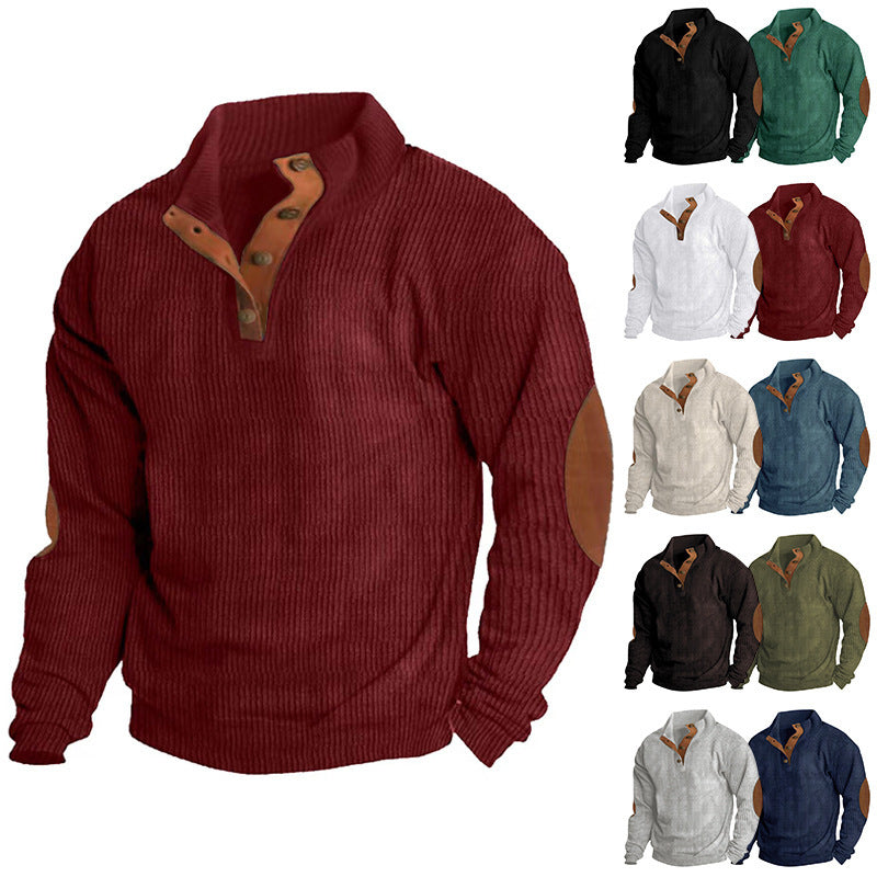Herren Waffelstrick-Henley-Pullover mit Stehkragen und Ellbogen-Patches Drune