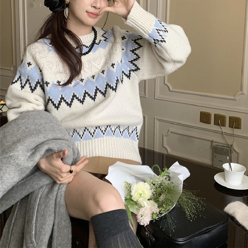 Damen gemusterter Strickpullover mit Rundhalsausschnitt und Komfortschnitt Drune