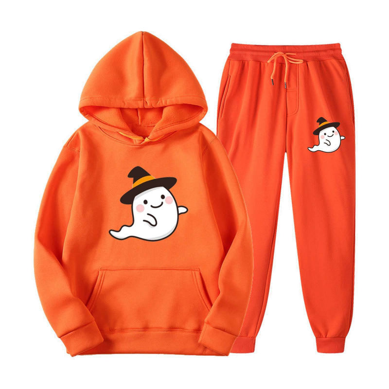 Unisex nan kuscheliger Kapuzenpullover und Jogginghose Set mit Halloween-Geistprint Drune