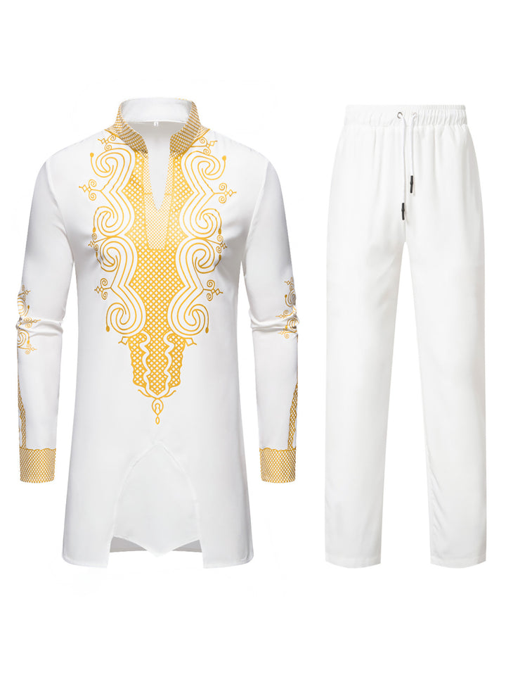 Herren Traditionelles besticktes Tunika‑Set mit Mandarinkragen und elastischer Hose Drune
