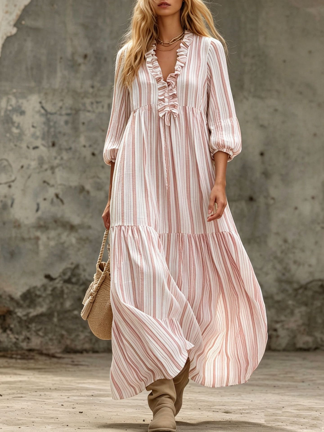 Damen Maxikleid mit Rüschen-V-Ausschnitt und Ballonärmeln Drune