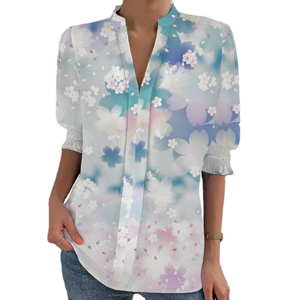Damen Blumenprint Tunika-Bluse mit Stehkragen, geschlitzter V‑Blende und gerafften 3/4-Ärmeln Drune
