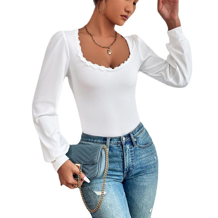 Damen Feinstrick-Bodyshirt mit herzförmigem Carmen-Ausschnitt Spitzenbordüre und leichten Puffärmeln Drune