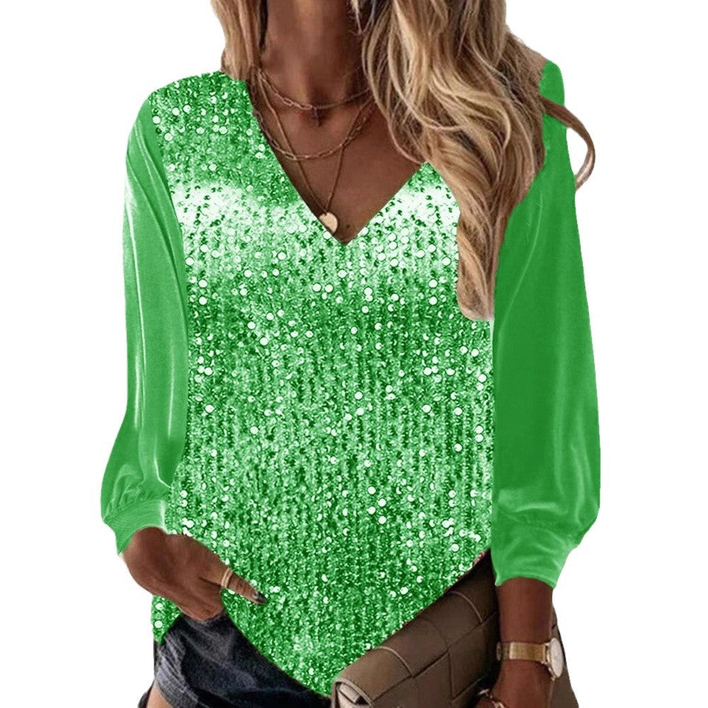Damen Glitzernde Pailletten V-Ausschnitt Bluse mit Satinärmeln Drune