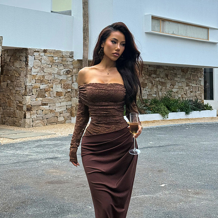 Damen Elegantes Abendkleid mit schulterfreiem Design und Spitzenärmeln Drune