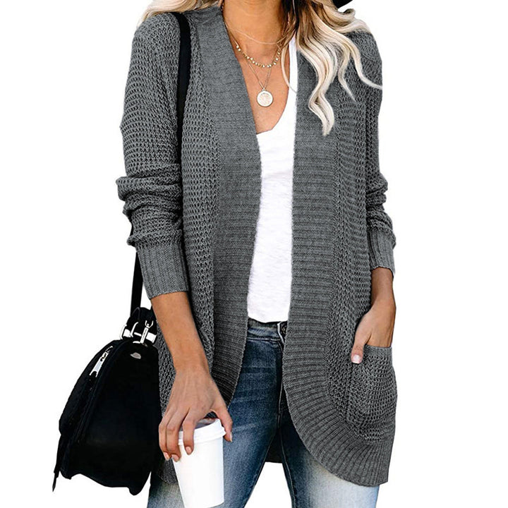 Damen Langer Offener Strickcardigan mit Taschen, Rippbündchen und strukturierter Waffeloptik Drune