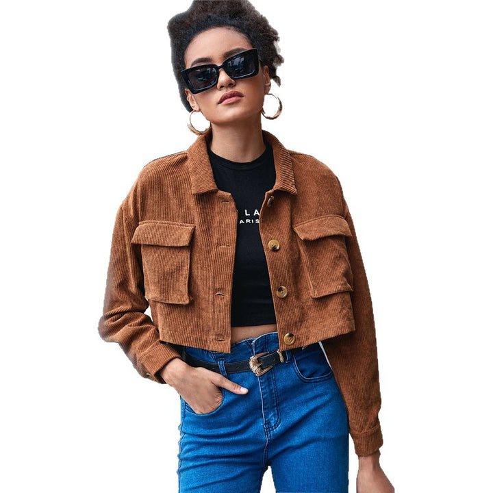 Damen cropped Cordjacke mit aufgesetzten Klappentaschen Hemdkragen und Knopfverschluss Drune