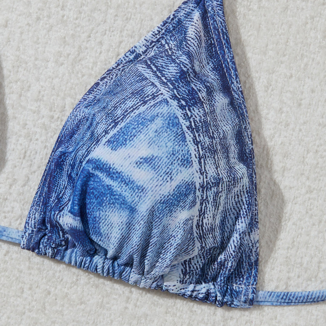 Damen Triangel-Bikini im Jeans-Look mit verstellbaren Kordelbindungen Drune