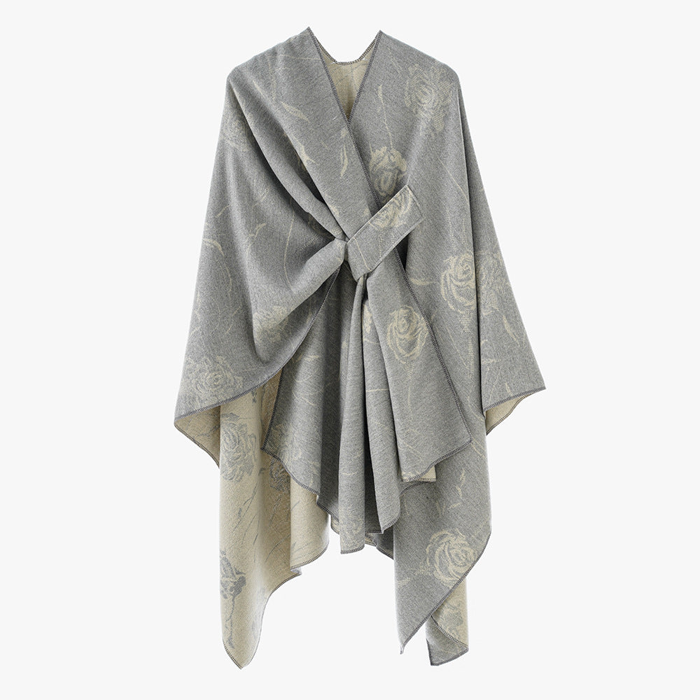 Damen Wendbarer Capeponcho mit Rosen-Jacquard und Bindegürtel Drune