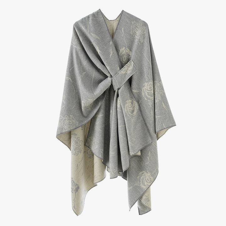 Damen Wendbarer Capeponcho mit Rosen-Jacquard und Bindegürtel Drune