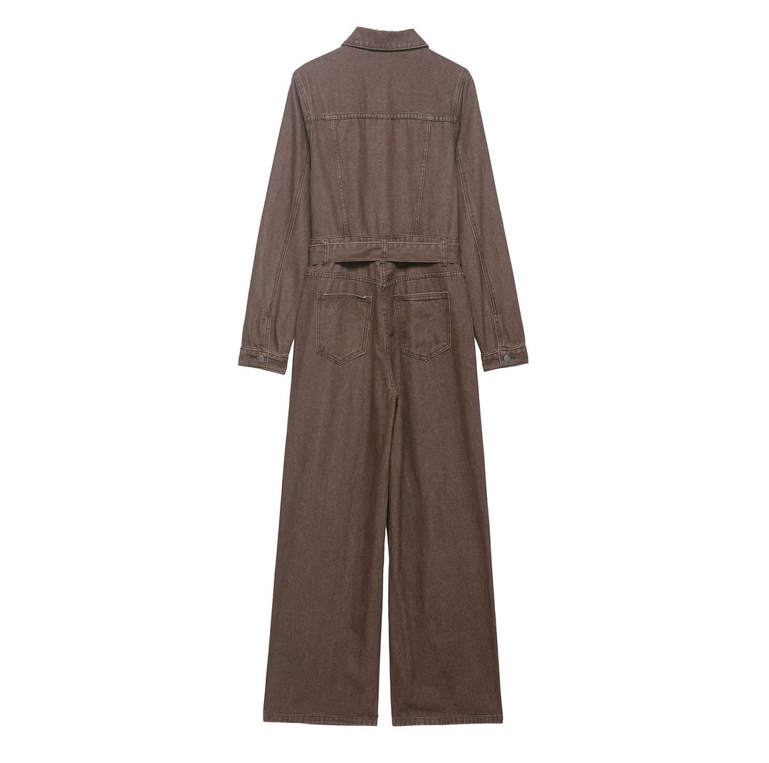 Damen Weicher Denim-Overall mit Hemdkragen, taillierendem Gürtel und weitem Bein Drune