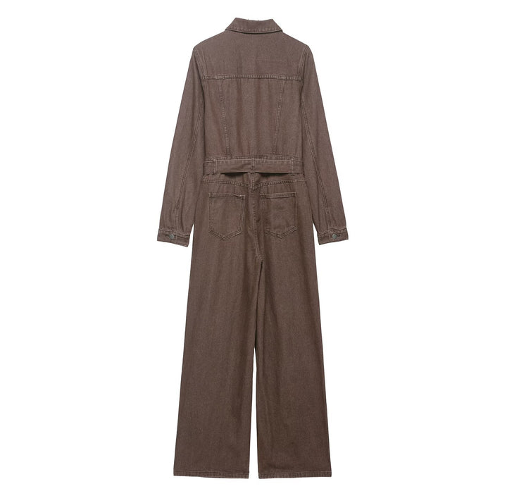 Damen Weicher Denim-Overall mit Hemdkragen, taillierendem Gürtel und weitem Bein Drune