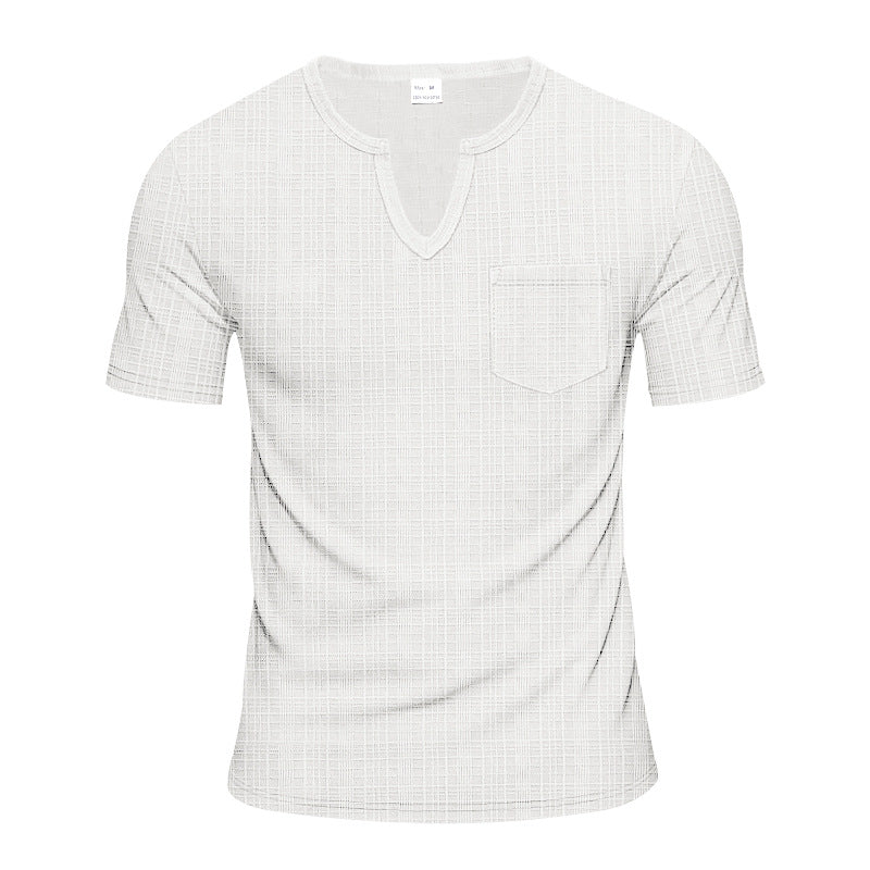 Herren nan Kurzarmshirt mit geschlitztem V-Ausschnitt strukturierter Leinenoptik und aufgesetzter Brusttasche Drune