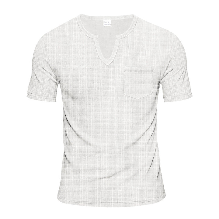 Herren nan Kurzarmshirt mit geschlitztem V-Ausschnitt strukturierter Leinenoptik und aufgesetzter Brusttasche Drune