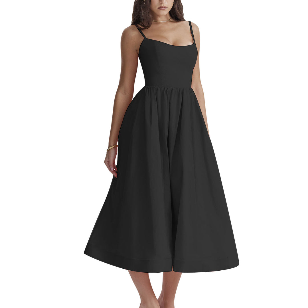 Damen elegantes Midikleid mit Spaghetti-Trägern und fließendem Rock Drune