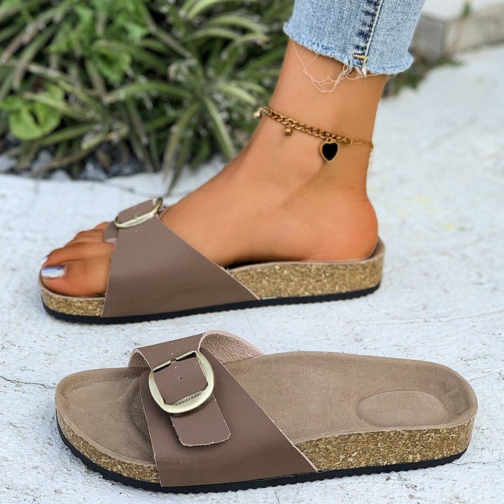 Damen Komfortable Fußbett-Sandalen mit breitem Riemen und glänzender Schnalle Drune