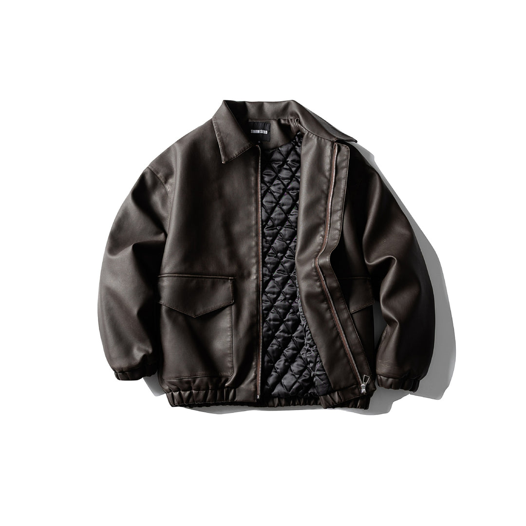 Herren Oversized Kunstleder‑Fliegerblouson mit Pattentaschen, verdecktem Verschluss und elastischem Saum Drune