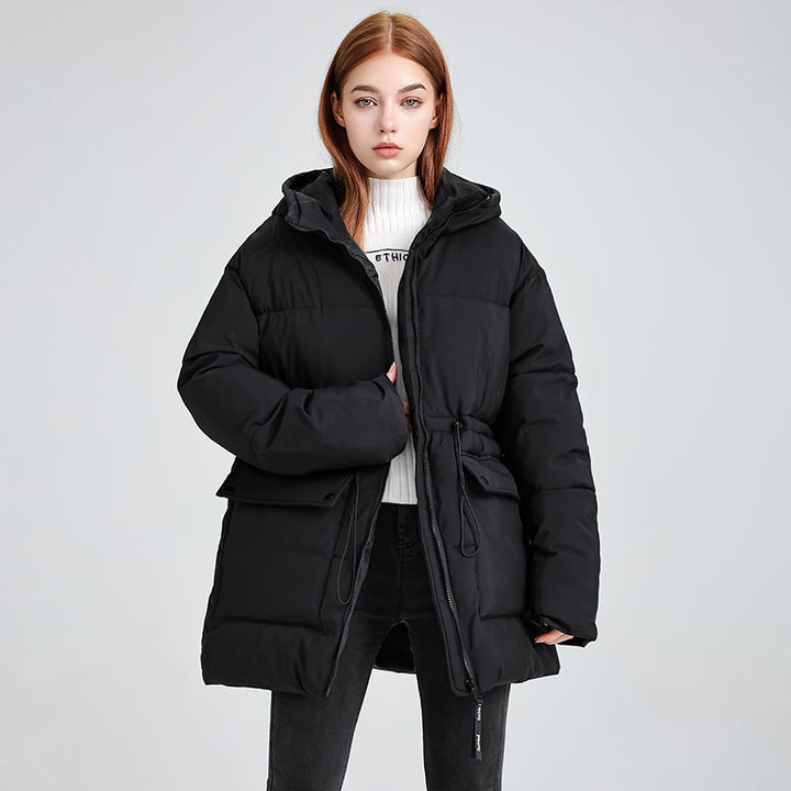 Damen nan mittellanger Thermoparka mit taillierendem Tunnelzug, ergonomischer Kapuze und großen Klapppattentaschen Drune