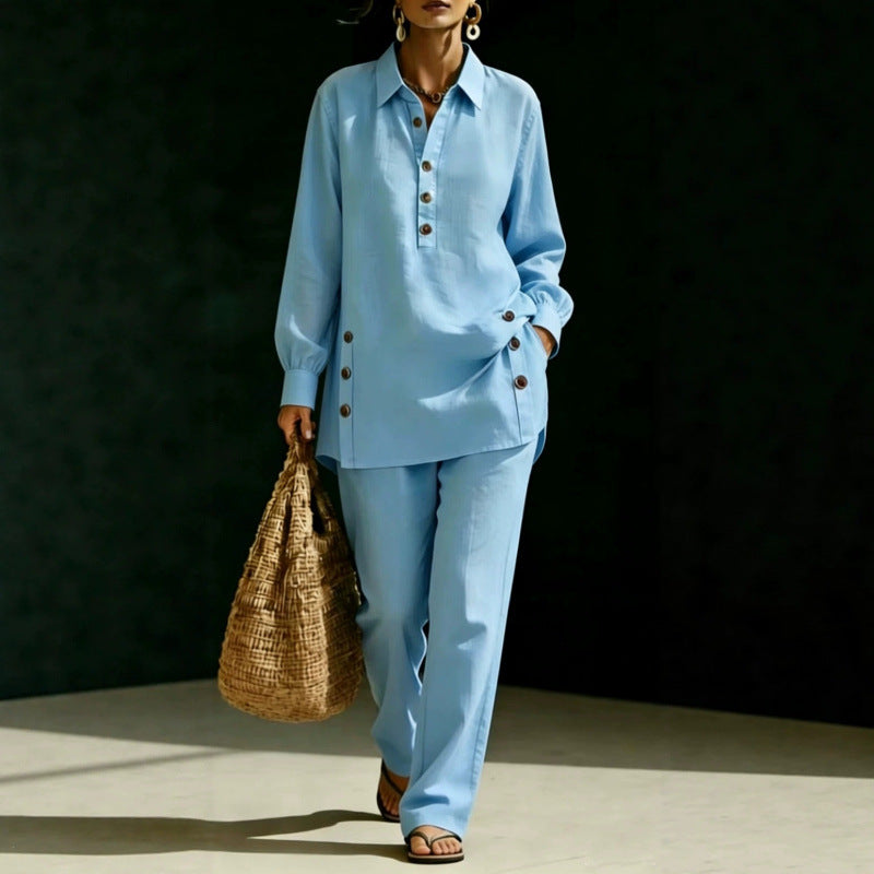Damen Leichtes Oversize-Hemd-Tunika mit Zierknöpfen und Gerader Bundhose Drune