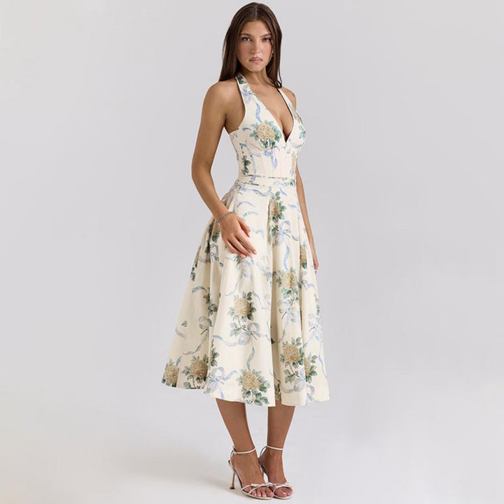 Damen Elegantes Blumen-Midikleid mit tiefem V-Ausschnitt Drune