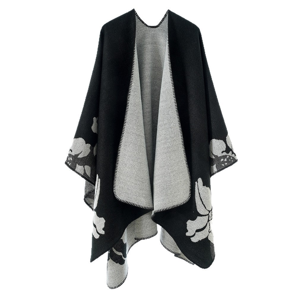 Damen Wendbarer Wollmix-Cape mit floralem Jacquard und offenem Fall Drune