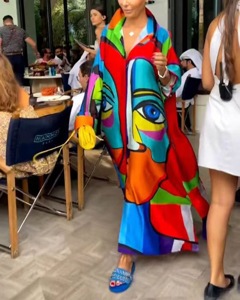 Damen nan Oversize-Hemdkaftan mit abstraktem Portraitprint und Hemdkragen Drune