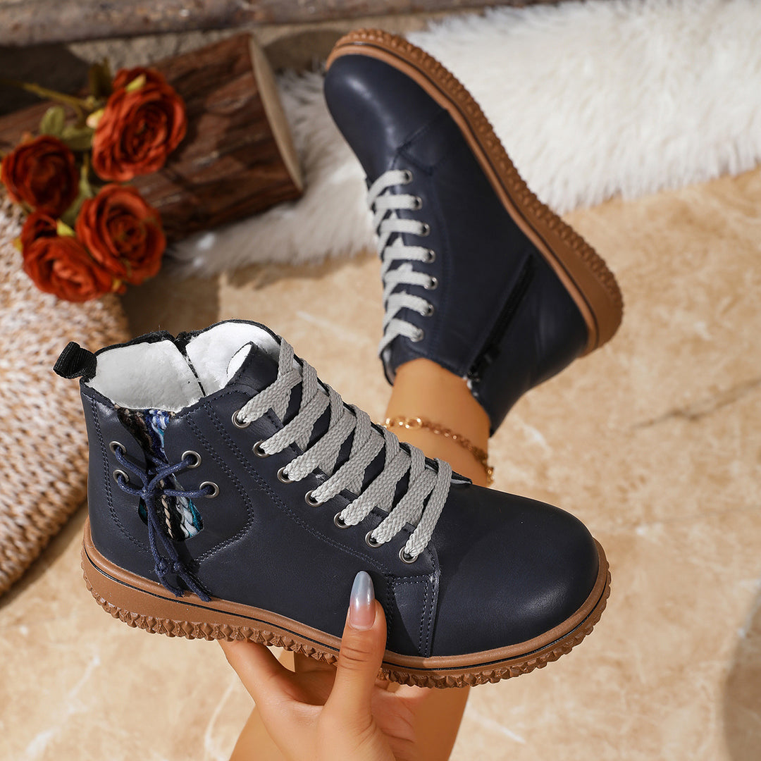 Damen gefütterte Schnürstiefelette mit Teddyfutter, seitlichem Reißverschluss und profilierter Gummisohle Drune