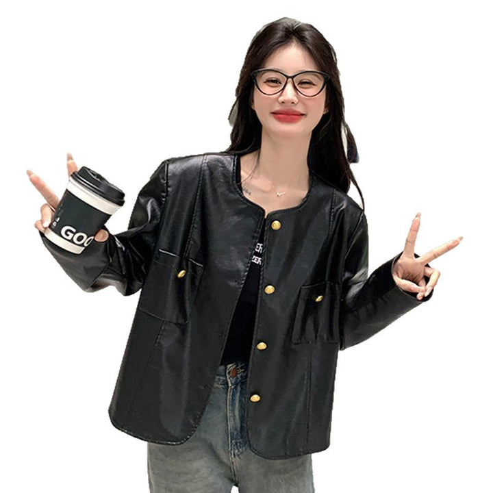 Damen Kunstlederjacke mit goldenen Knöpfen Drune